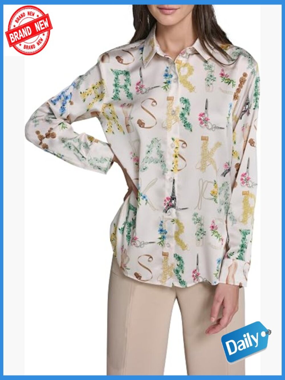Long Sleeve Collar Button Down All Over Print Oversized Blouse